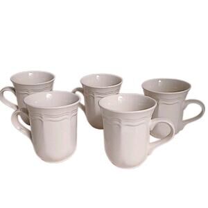 5 Mikasa Tall Coffee Cups French Countryside F9000 Ivory White Mugs Cottage Hot